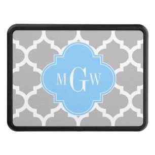Gray White Moroccan #5 Sky Blue 3 Initial Monogram Trailer Hitch Cover