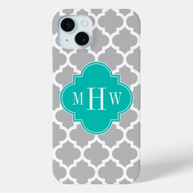Gray White Moroccan #5 Teal 3 Initial Monogram Case-Mate iPhone Case (Back)