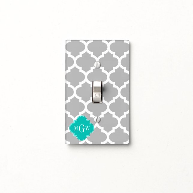 Gray White Moroccan #5 Teal 3 Initial Monogram Light Switch Cover (In Situ)