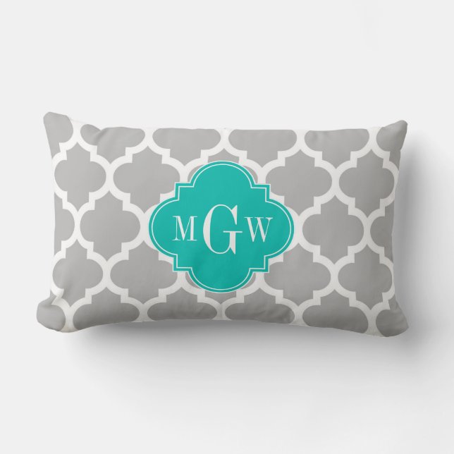 Gray White Moroccan #5 Teal 3 Initial Monogram Lumbar Pillow (Front)