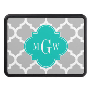 Gray White Moroccan #5 Teal 3 Initial Monogram Trailer Hitch Cover