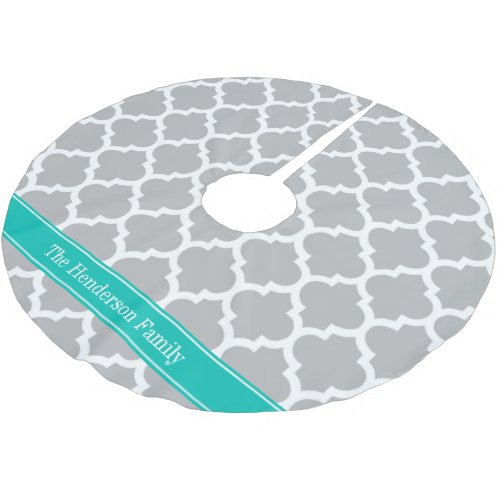 Gray White Moroccan 5 Teal Name Monogram Brushed Polyester Tree Skirt