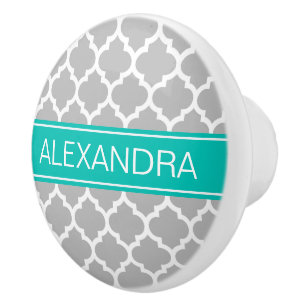 Gray White Moroccan #5 Teal Name Monogram Ceramic Knob