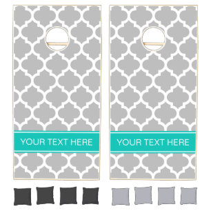Gray White Moroccan #5 Teal Name Monogram Cornhole Set