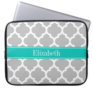 Gray White Moroccan #5 Teal Name Monogram Laptop Sleeve
