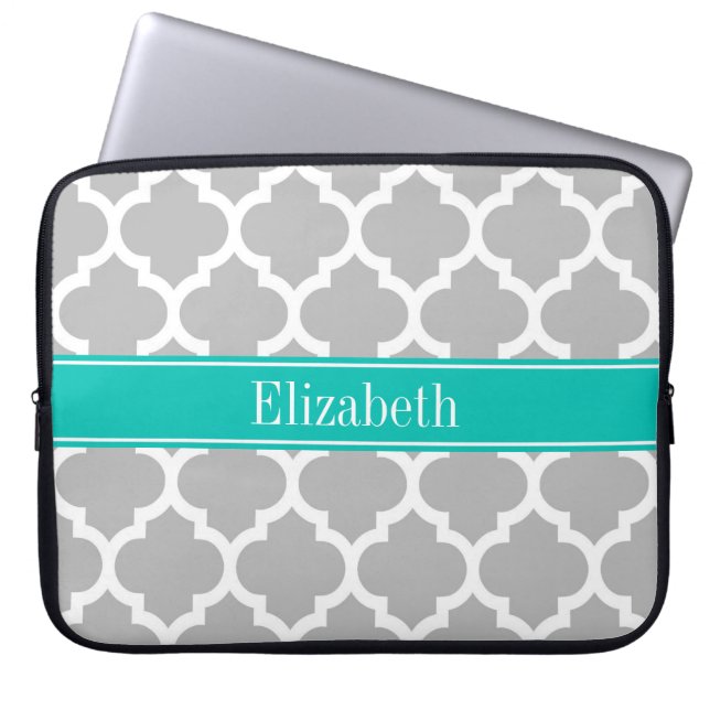 Gray White Moroccan #5 Teal Name Monogram Laptop Sleeve (Front)