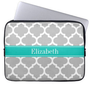 Gray White Moroccan #5 Teal Name Monogram Laptop Sleeve