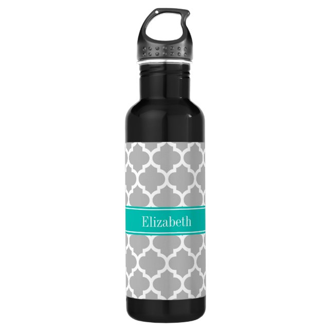 Gray White Moroccan #5 Teal Name Monogram Water Bottle (Front)
