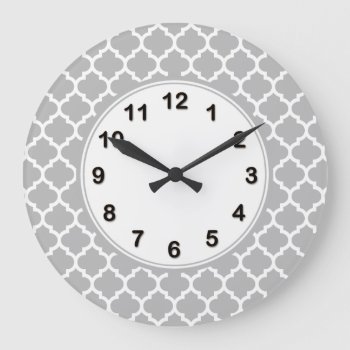 Gray White Moroccan Quatrefoil Pattern #5 Large Clock by FantabulousPatterns at Zazzle