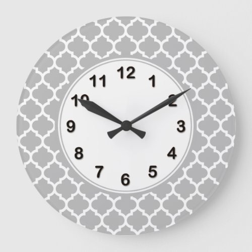 Gray White Moroccan Quatrefoil Pattern 5 Large Clock