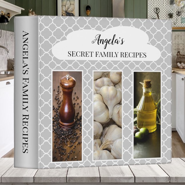 Gray White Moroccan Quatrefoil Recipe Binder (Modern binder featuring a gray white quatrefoil pattern with three playful images on the front)