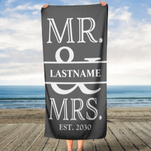 Gray White Mr. and Mrs. Wedding Personalized Beach Towel