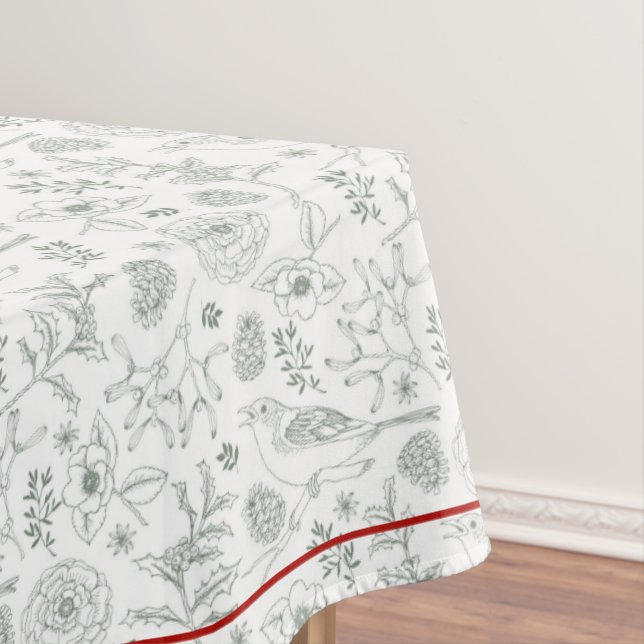 Gray/White Natural Christmas & Cardinal Red Border Tablecloth (In Situ)