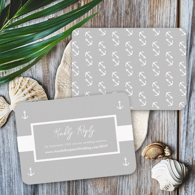  Gray White Nautical Pattern Website Wedding RSVP Enclosure Card (Creator Uploaded)