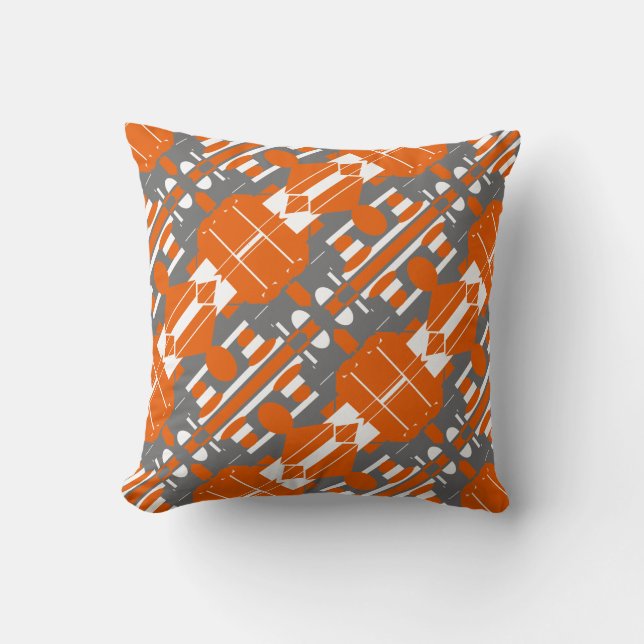 Gray White on Orange Diagonal Abstract Design Throw Pillow (Front)