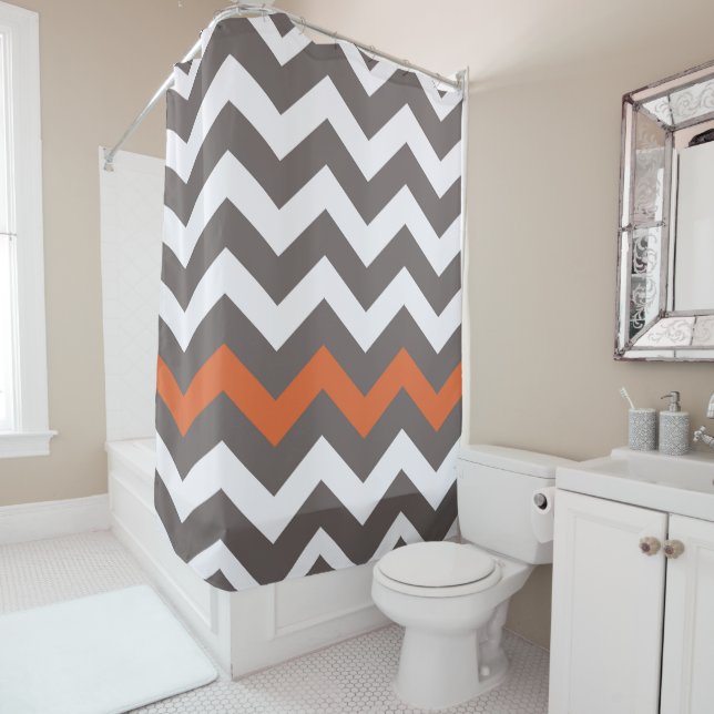 Gray, White & Orange Chevron Stripe Pattern Shower Curtain (In Situ)