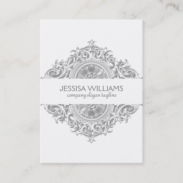Gray & White Ornate Floral Ornament Design Business Card (Front)