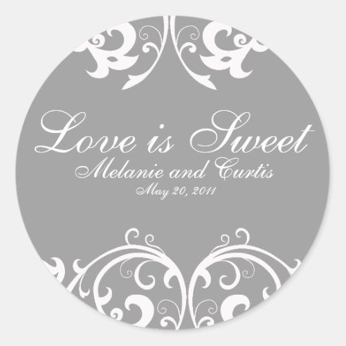 Gray White Ornate Love Is Sweet Classic Round Sticker