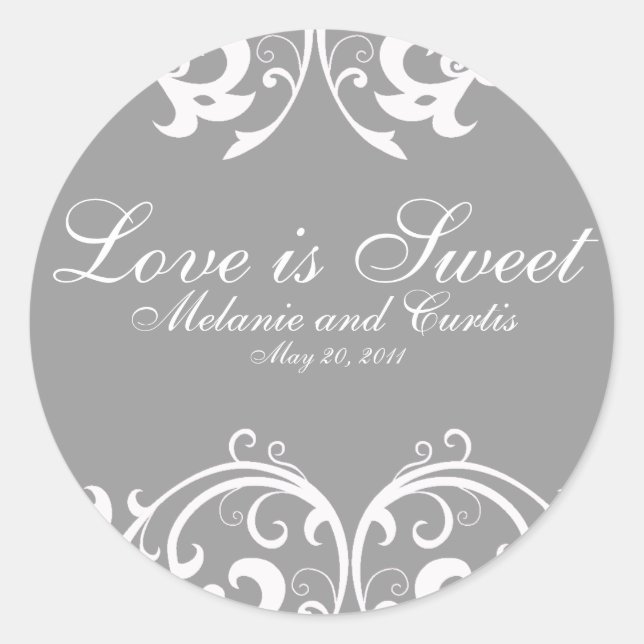 Gray White Ornate Love Is Sweet Classic Round Sticker (Front)
