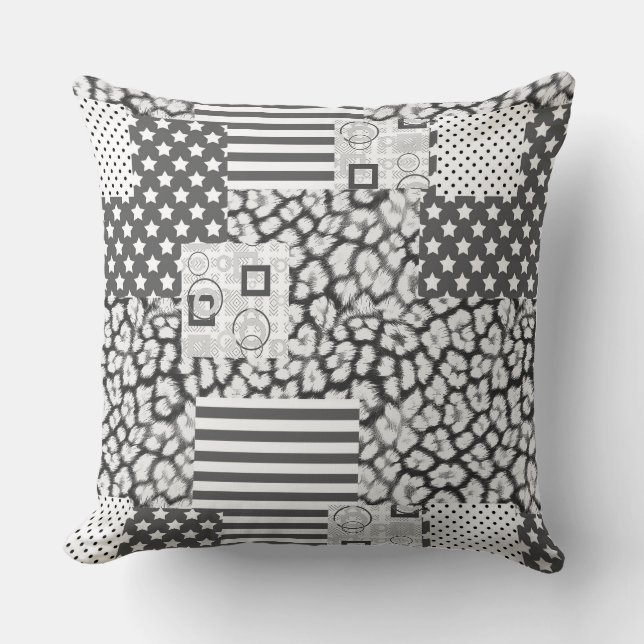 Gray White Patchwork Rustic Patches Throw Pillow (Front)