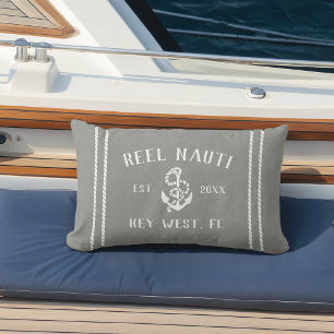Gray & White Personalized Boat Name Anchor Lumbar Pillow