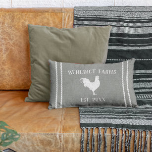 Gray & White Personalized Farmhouse Rooster Lumbar Pillow
