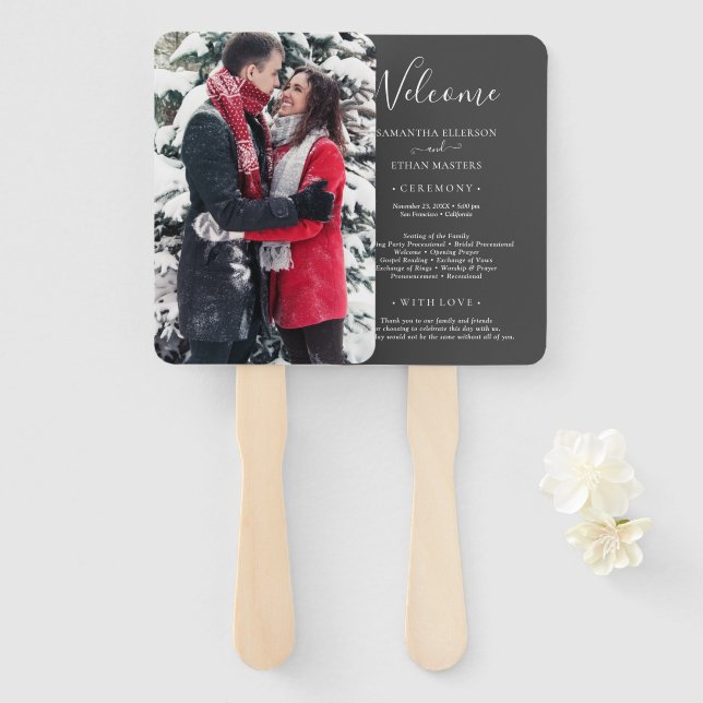 Gray & White Photo Classic Custom Wedding Progra Hand Fan (Front and Back)