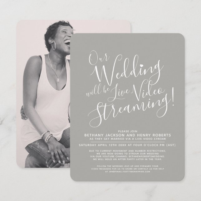 Gray white photo live streaming wedding invitation (Front/Back)