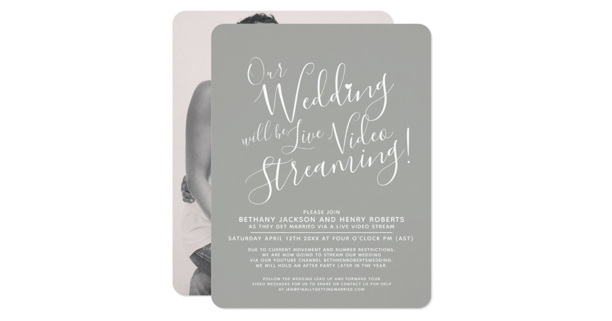 Gray white photo live streaming wedding invitation | Zazzle.com