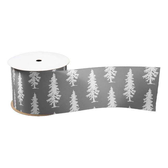 Gray | White Pine Trees Christmas | Holiday Satin Ribbon (Spool)