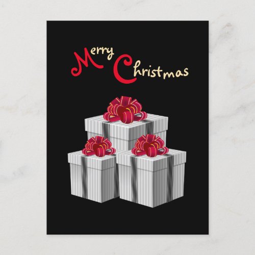 Gray White Pinstripe on Black with Red Bow Holiday Postcard