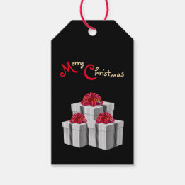 Gray White Pinstripe Presents Red Bow on Black Gift Tags