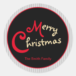 Gray White Pinstripe Red Bow on Black Classic Round Sticker
