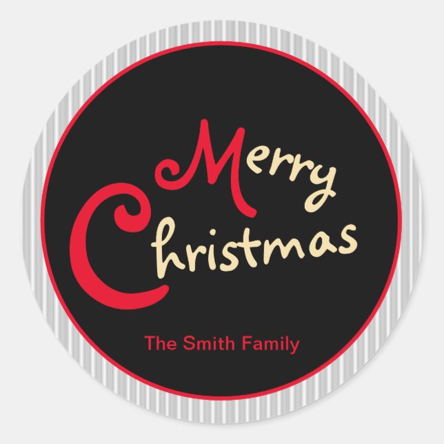 Gray White Pinstripe Red Bow on Black Classic Round Sticker (Front)