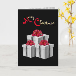 Gray White Pinstripe Red Bow Presents on Black Card
