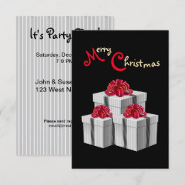 Gray White Pinstripe Red Bow Presents on Black Invitation