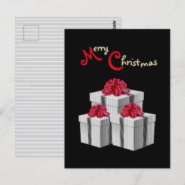 Gray White Pinstripe Red Bow Presents on Black Postcard