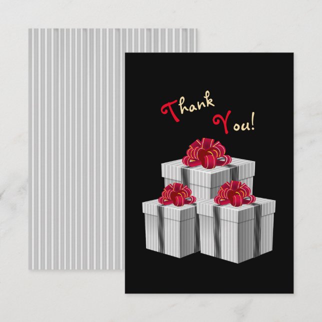 Gray White Pinstripe Red Bow Presents on Black Thank You Card (Front/Back)