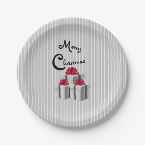 Gray White Pinstripe with Red Bow Paper Plates