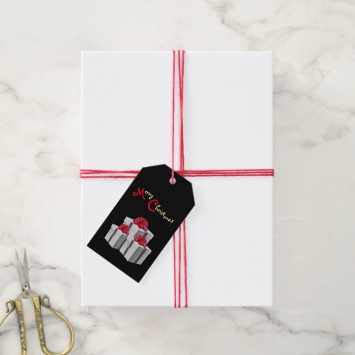 Gray White Pinstripes Black with Red Bow Gift Tags