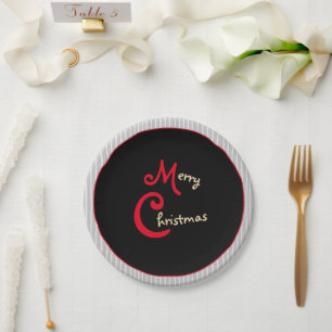 Gray White Pinstripes Black with Red Bow Paper Plates
