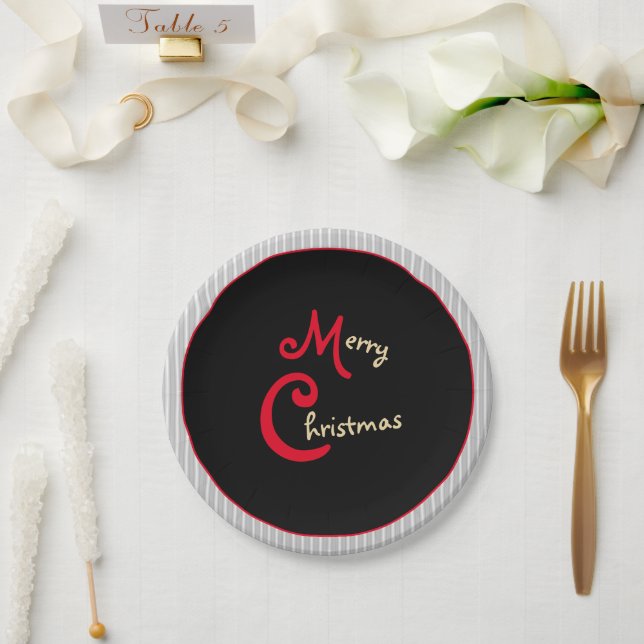 Gray White Pinstripes Black with Red Bow Paper Plates (Wedding)