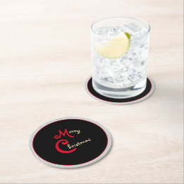 Gray White Pinstripes Black with Red Bow Round Paper Coaster