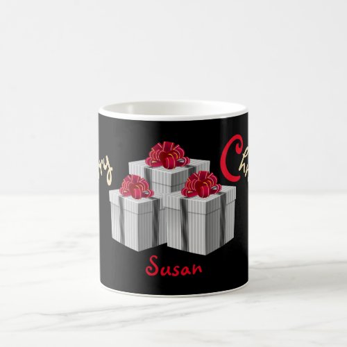 Gray White Pinstripes on Black with Red Bow Coffee Mug