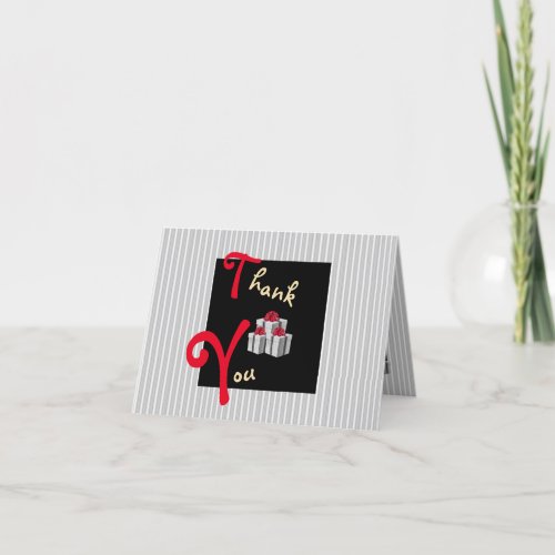 Gray White Pinstripes on Black with Red Bow Thank You Card