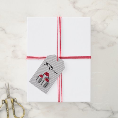 Gray White Pinstripes with Red Bow Gift Tags
