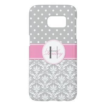 Gray White Polka Dots Damask Pink Monogram Samsung Galaxy S7 Case by Case_by_Case at Zazzle