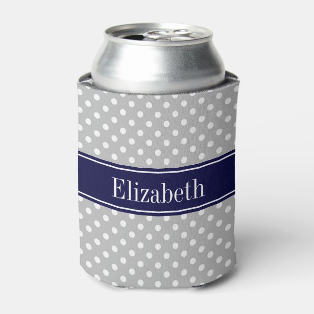 Gray White Polka Dots Navy Blue Name Monogram Can Cooler (Can Front)