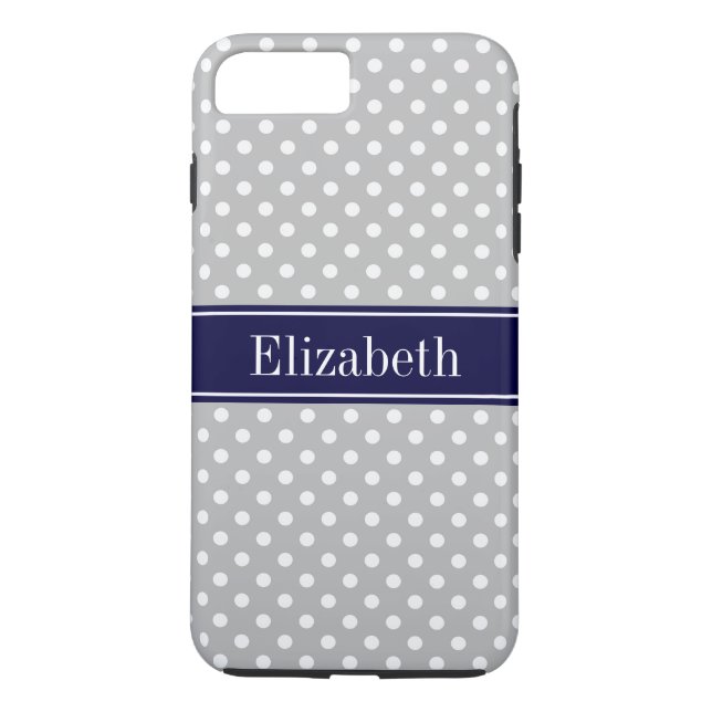 Gray White Polka Dots Navy Blue Name Monogram Case-Mate iPhone Case (Back)