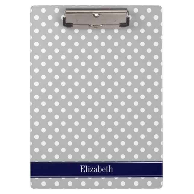 Gray White Polka Dots Navy Blue Name Monogram Clipboard (Front)